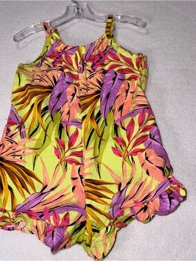 WONDER NATION Lime Green Tropical Floral Romper with Pink & Purple Leaves 18M